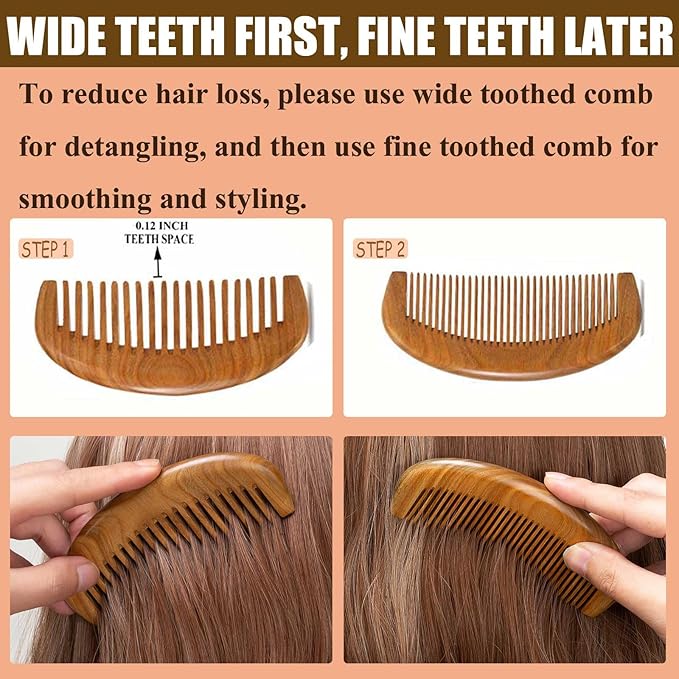2 Pack Wooden Comb, Beard Comb for Men, Hair Combs for Women - Green Sandalwood