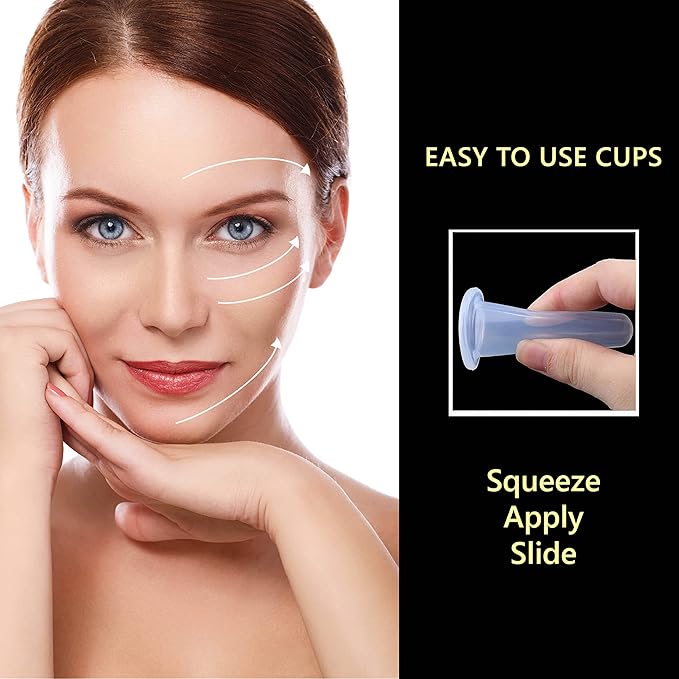 Facial Cupping Set – 4 Silicone Cups for Face, Neck & Body + Konjac Sponge & Guide – Lymphatic Drainage, Anti-Aging, Puffiness Reduction, TMJ Relief & Cellulite Massage – Medical-Grade Silicone