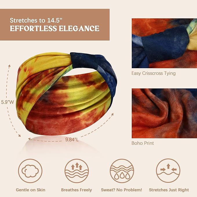 Wide Headbands for Women Knotted No Slip Head Bands Soft Turban Headband Hair Accessories Boho African Solid Color Head Wraps for Women Yoga Workout Pack of 6
