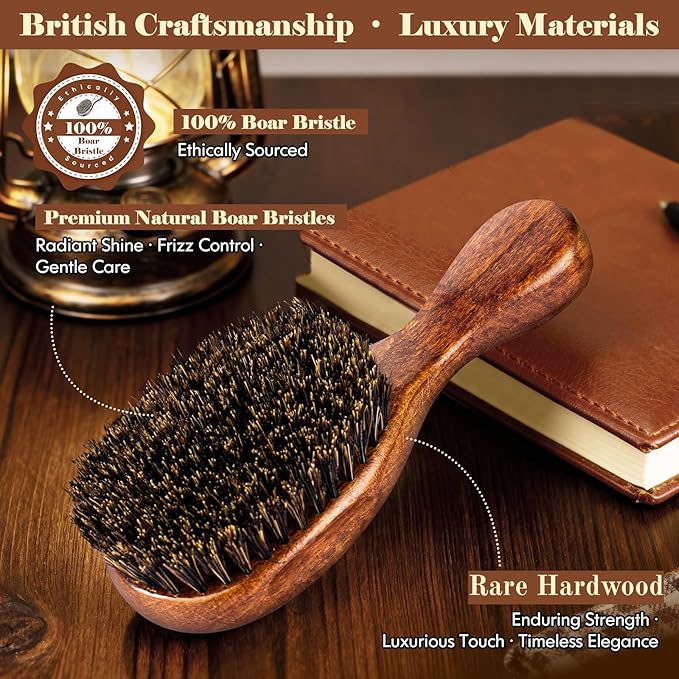 Small Boar Bristle Hair Brush Since 1965 British Craftsmanship, Handmade Natural Wooden Mini Hairbrush/Beard Brush, Pure Soft Bristles Gentle Detangling Women Men Kids Thin Fine Hair, Smooth & Shine