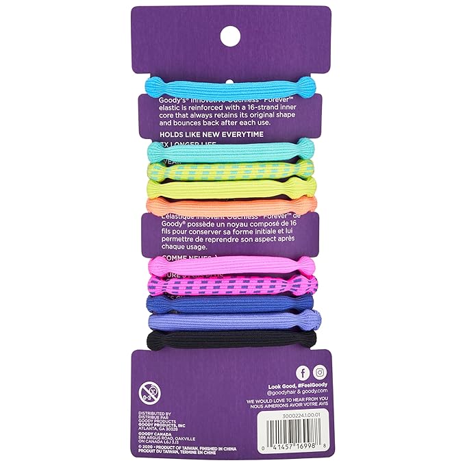 Goody Ouchless Forever Hair Elastics - 10 Ct, Assorted Neon, Damage-Free Bands, 3X Stronger Hair Ties, Retainable Shape, 16 Strand Inner Core, Hair Accessories for Women & Men, All Hair Types