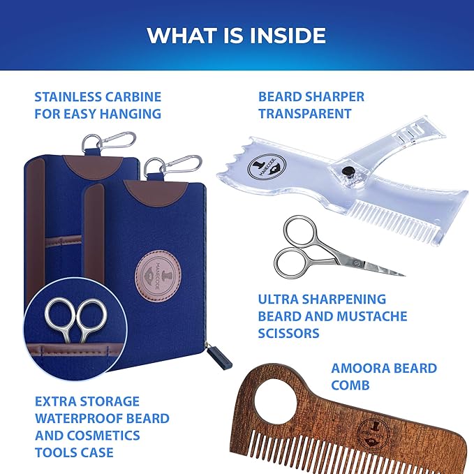 Beard Shaping Kit - Grooming Tools for Men - Adjustable Lineup Template, Premium Wooden Comb, Laser Sharpening Scissors, All in Hygiene Travel Case
