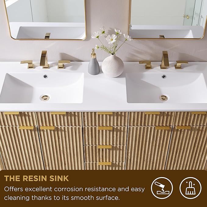 T4TREAM 60" Fluted Bathroom Vanity with Resin Sink Combo，Freestanding Modern Bathroom Storage Vanity Cabinet with Soft Closing Doors & 3 Drawers，Wood Grain Texture，Metal Handle，Natural Oak