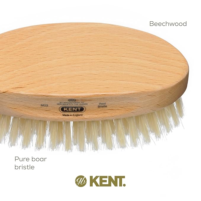 Kent MG3 Finest Men's Hair & Beard Brush for Skin Care - 100% Natural White Boar Bristle for Mens Grooming, Scalp Brush, 360 Wave, Beard and Mustache Straightener For Men's Hair Care