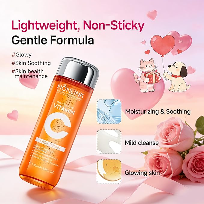 Vitamin C Hydrating Face Toner 130ml, Gentle Daily Toner with Niacinamide & Hyaluronic Acid, Alcohol-Free Skin Care for All Skin Types, Valentine’s Day Gift for Her