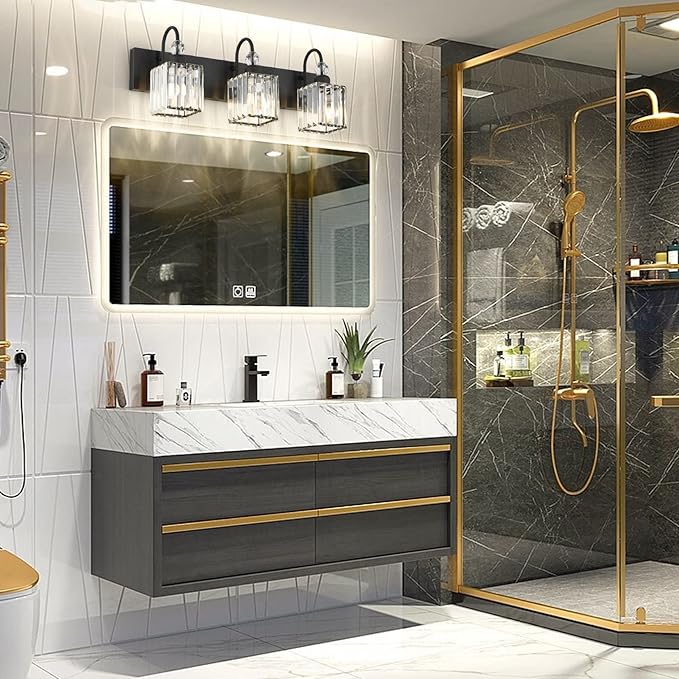 Ralbay Modern Crystal Black Vanity Light 3 Light Bathroom Light Fixtures Over Mirror Matte Black Crystal Bathroom Wall Lighting
