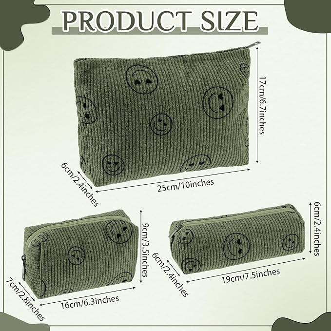 3 Pcs Makeup Bag Set for Women Corduroy Cosmetic Pouch Aesthetic Smile Travel Toiletry Bag Cute Purse Pouch Pencil Case Makeup Brushes Storage Organizer with Zipper(Army Green,Smile Face)