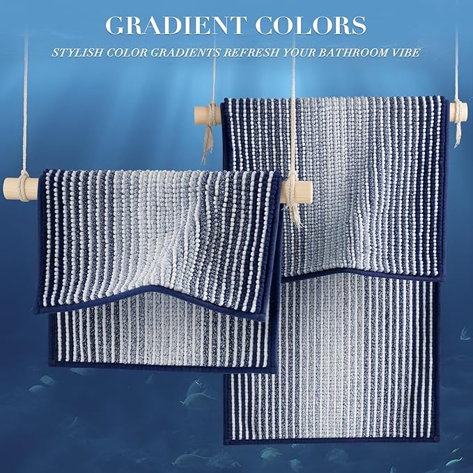 BSICPRO Bathroom Rugs and Mats Sets, 2 Piece Thick Absorbent Chenille Bath Mat Rug Set Non Slip, Soft Shaggy Bath Room Floor Mats for Bathroom, Machine Washable (Navy, 20" x 47" Plus 20" x 32")