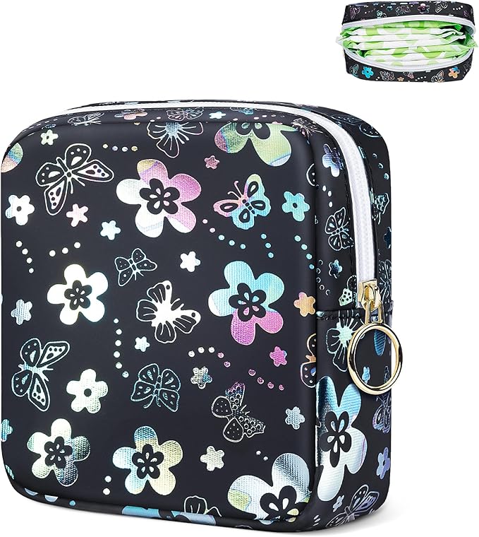 Period Bag Pouch, Leather Sanitary Napkin Storage Bag for Girls Womens, Portable Sanitary Napkin Period Pad Pouch Bag for Purse, Small Make Up Bags(Flower Butterflies)