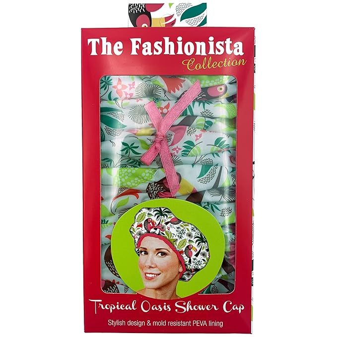Reusable Bath & Shower Cap Lined, Oversized Waterproof Shower Caps Large Designed for all Hair Lengths with PEVA Lining & Elastic Band Stretch Hem Hair Hat - Fashionista Tropical