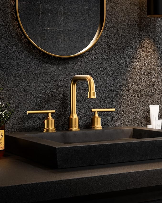 Brushed Gold Bathroom Faucet Set: WOWOW Widespread Bathroom Sink Faucet 3 Hole with Pop-up Drain and Supply Lines, 8 Inch Vanity Taps 3 Pieces Basin Tap 2 Handle Modern (Set of 2)