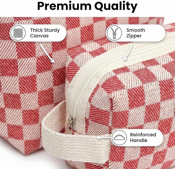 3 Pcs Canvas Makeup Bag Set Checkered Cosmetic Pouch for Women Travel Toiletry Bag Cute Makeup Organizer Purse Pouch Preppy Pencil Case with Zipper (Checkered Red)