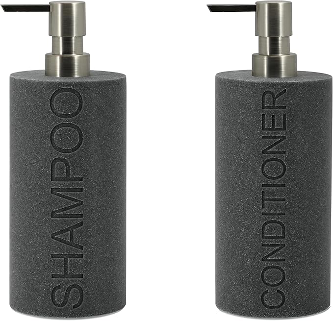 Resin 2 Pack Shampoo, Conditioner or Body Wash Dispenser Set, Luxurious Refillable Pump Bottles with Matte Pump Top and Embossed Text, Durable Design for Bathroom and Shower