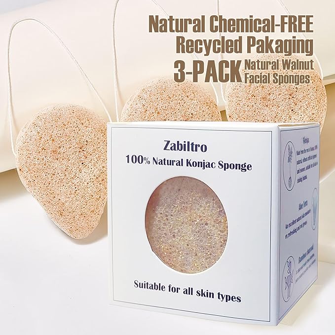 Natural Walnut Konjac Facial Sponges - Waterdrop- for Gentle Face Cleansing and Exfoliation Eco-Friendly - Skincare Face Body Washing Cleaning - with Walnut + Konjac,3pc.
