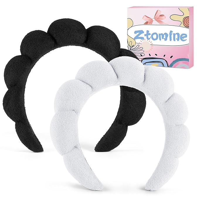 Spa Headbands, Set of 2 - Terry Cloth Headband for Washing Face or Facial, Puffy Makeup Headbands for Face Washing, Mask, Skin Treatment - 1 White & 1 Black