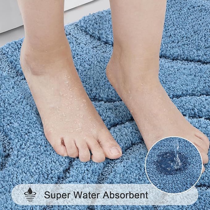 HEBE Bathroom Rugs Sets 5 Piece, Soft Absorbent Microfiber Bath Mat for Bathroom, Non Slip Washable Bath Rug Set with Toilet Cover, Bath Runner and U-Shaped Contour Toilet Rug, Blue