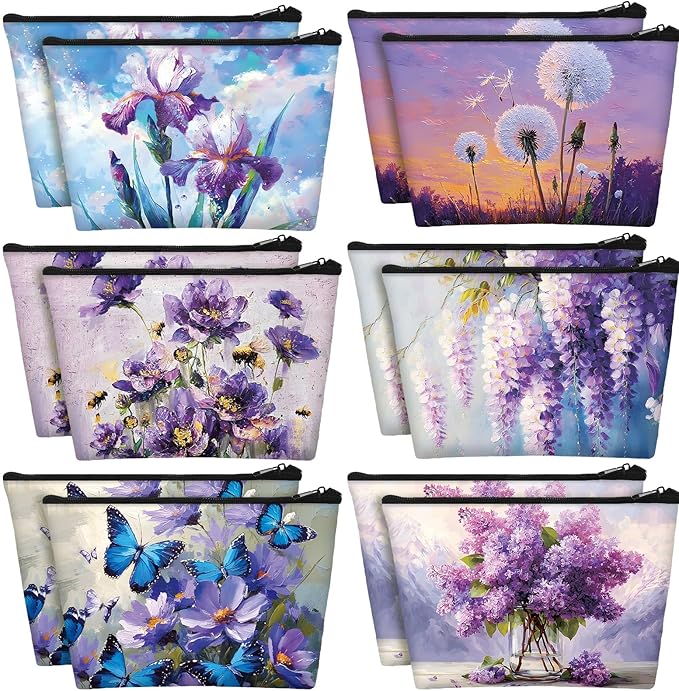 Sweetude 12 Pcs Purple Oil Painting Flowers Makeup Bag Bulk Purple Portable Travel Cosmetic Bag with Zipper Retro Floral Waterproof Roomy Travel Beauty Toiletry Organizer Storage Pouch for Women Gifts