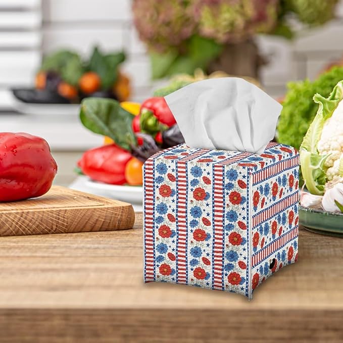 American Flower Tissue Box Holder Square PU Leather Tissue Organizer Case with Metal Button Waterproof Napkin Holder for Home Office Car Automotive Decor