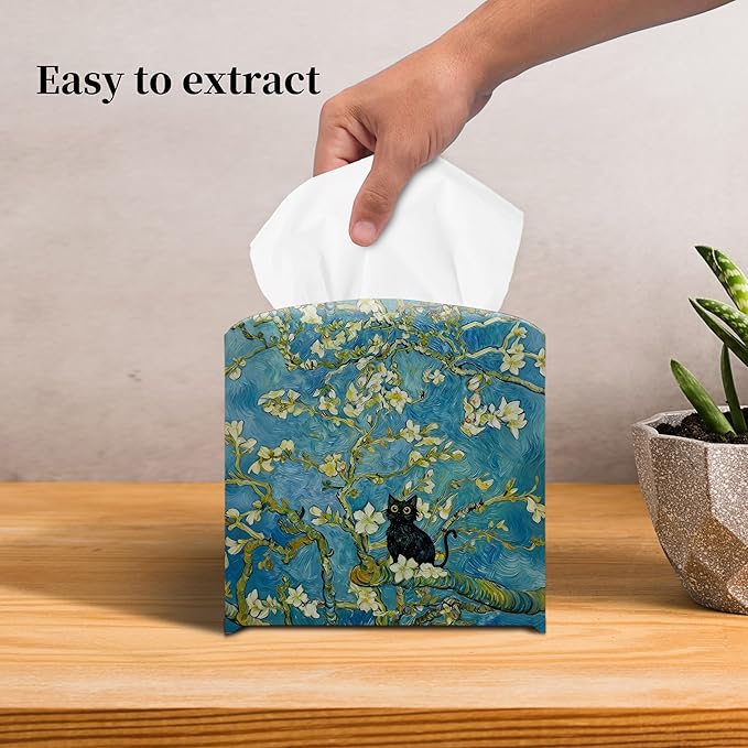 Grace Yonks Art Tissue Box Cover Square - Black Cat on Blossoming Branch Design 5.2" PU Leather Holder for Vanity, Desk, or Bathroom Counter - Cube Case for Facial Tissues. (122)