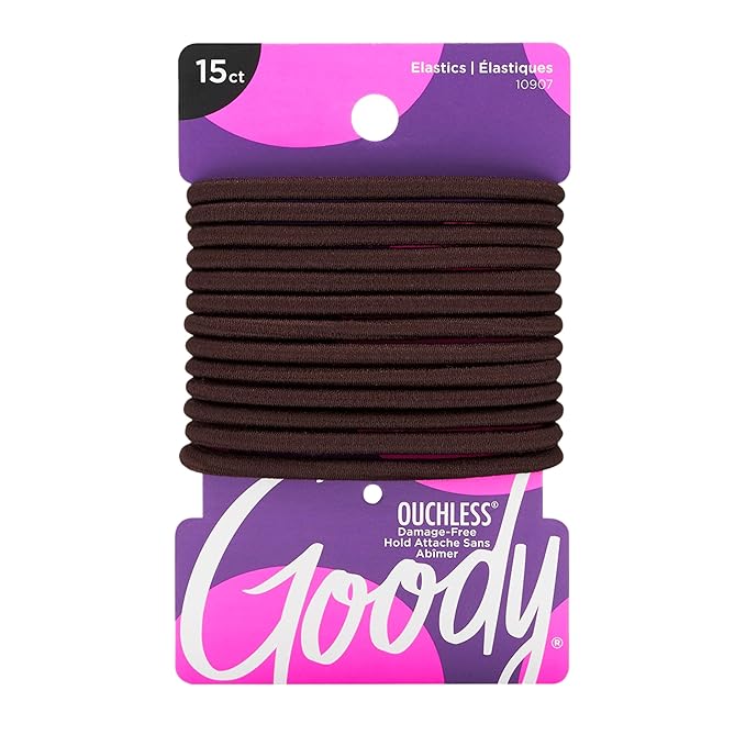 Goody Ouchless Hair Elastics – No Pull, No Breakage, Tangle-Free Hold for Thick, Curly, Coily & Textured Hair – 15 Count, Brown, Long-Lasting Ponytail Holders for Women & Men