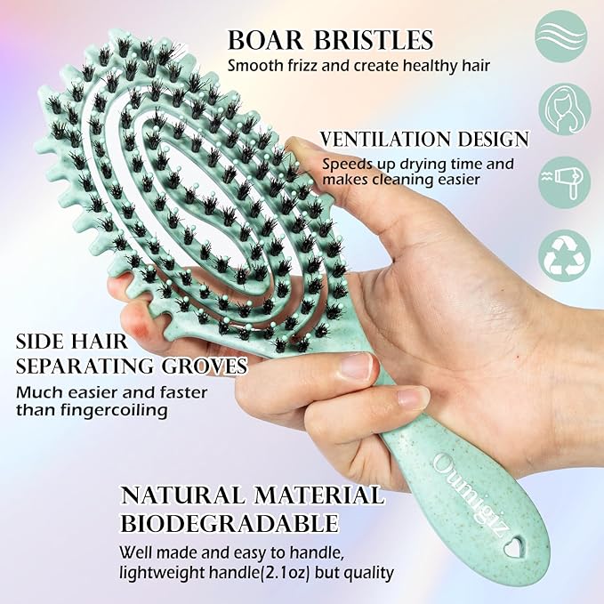 Curl Defining Brush, Boar Bristle Detangling Hair Brush for Women Girls Thick Curly Wavy Hair Wet Dry Use, Fast Blow Drying Vented Styling Hairbrush, Smoothing Hair No Tangle (Turquoise)