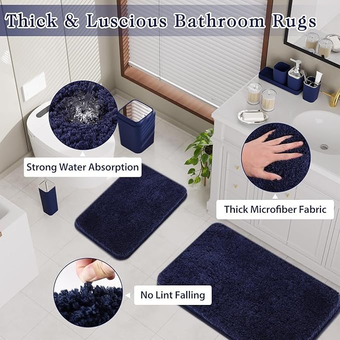 24PC Navy Blue Bathroom Set with Shower Curtain and Rugs, Blue Bathroom Sets Complete with Trash Can,Soap Dispenser,Soap Dish,Toilet Brush,Toothbrush Holder and Cup,Tray,Q-Tip Holders