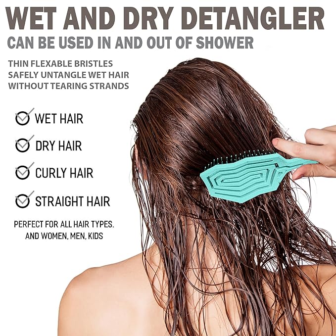 Fiora Naturals Hair Detangling Brush for Women - Detangler Hair Brush w/Flexible Soft Bristles- Gently Glides Through Tangles - Curly, Fine, Dry and Shower Wet HairBrush, cepillo para cabello - Cyan