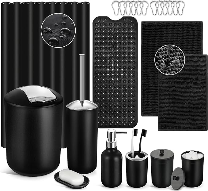 Black Bathroom Accessories Set, 23Pcs Bath Accessory Sets Complete with Bathtub Mat, Shower Curtain Set with Hooks, Soap Dispenser, Toothbrush Holder, Qtip Holder, Trash Can, Toilet Brush