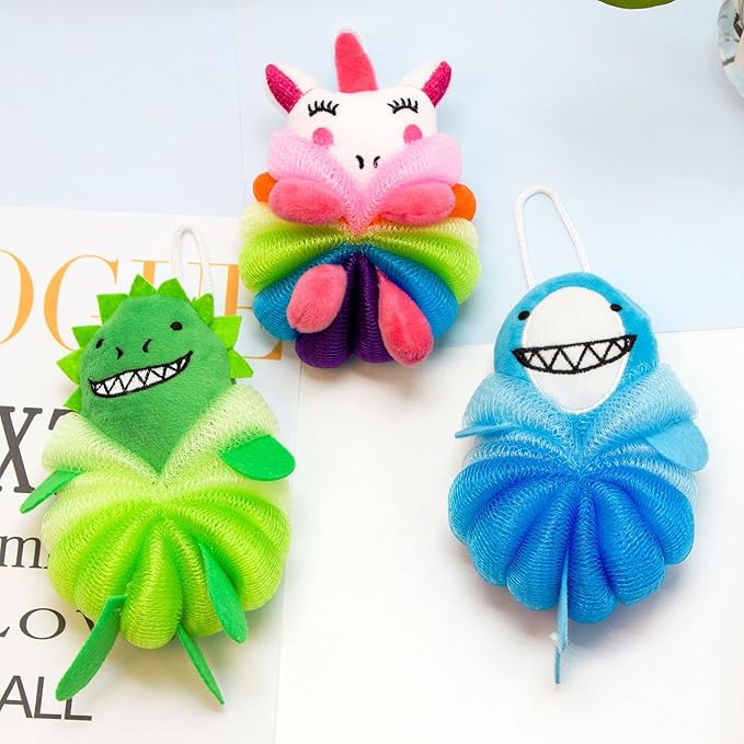 MURRI&MURRDI 3 Pack Kids Cartoon Bath Sponges - Cute Animal Shower Poufs for Toddlers, Gentle Exfoliating Body Scrubber & Mesh Loofah Gift Set for Boys Girls