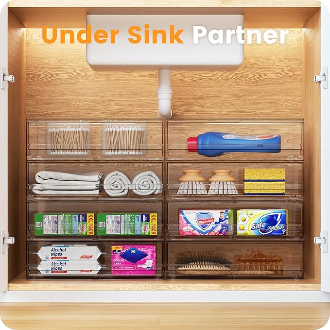 A-LuGei 【𝟮𝗣𝗖𝗦】 Acrylic Stackable Storage Drawers, 11.8" W Makeup Organizer, Bathroom Organizer and Storage, Plastic Storage Bins for Kitchen Cabinet Pantry Medicine Fridge