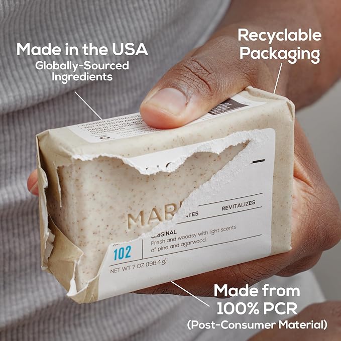 MARLOWE. No. 102 Body Scrub Soap 7 oz (12 Bars), Cedarwood & Sea Salt, Exfoliating Soap Bar with Shea Butter, Olive Oil & Green Tea Extracts, Cleanses, Smooths & Revitalizes Skin, Fresh & Zesty Scent