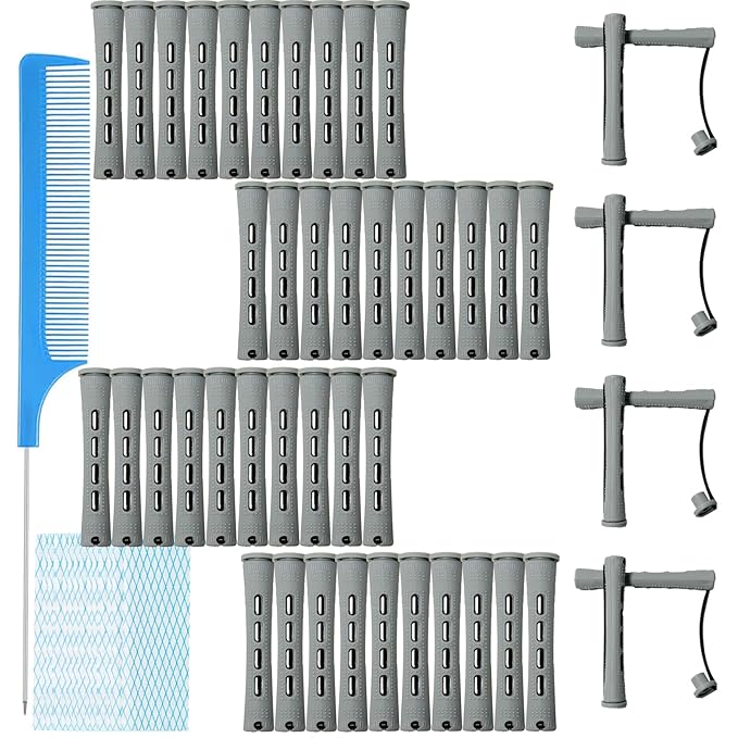 48pcs Perm Rods, Plastic Hair Rollers Heatless Hair Curlers Set with 1pc Rat Tail Comb and 50pcs Curling Paper for Hairdressing Styling(grey,0.55in)