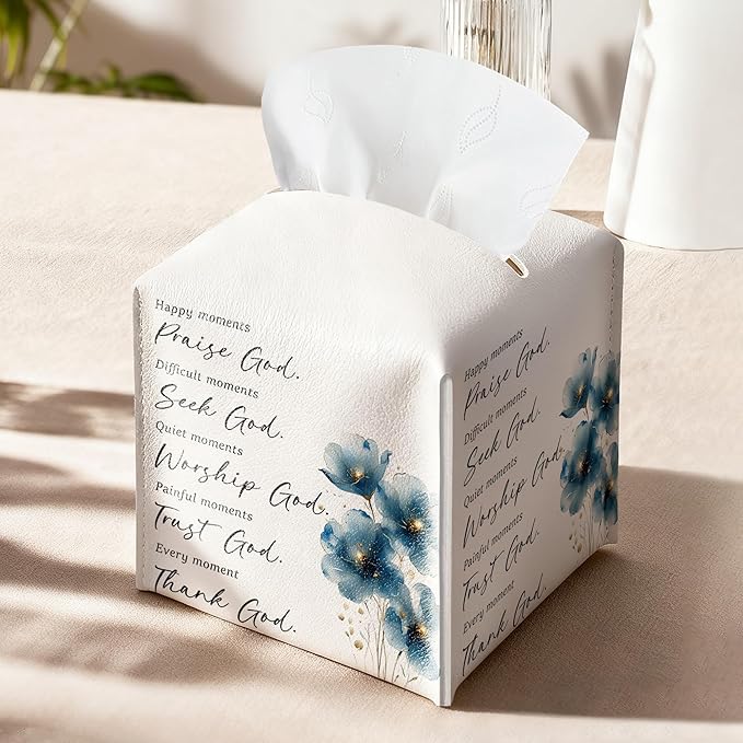 Christian Bible Verses Tissue Box Cover Square, Thank God Waterproof Leather Tissue Box Holder, Blue Flower Stylish Paper Facial Tissue Box Covers Cube for Office Bathroom Home Prayer Room