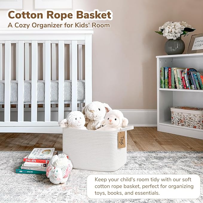 Goodpick Rope Basket, Storage Baskets for Organizing, Rectangle Baby Nursery basket with Handles, Small Woven Basket for Shelves, Living Room, 13 x 10 x 9 Inches, White