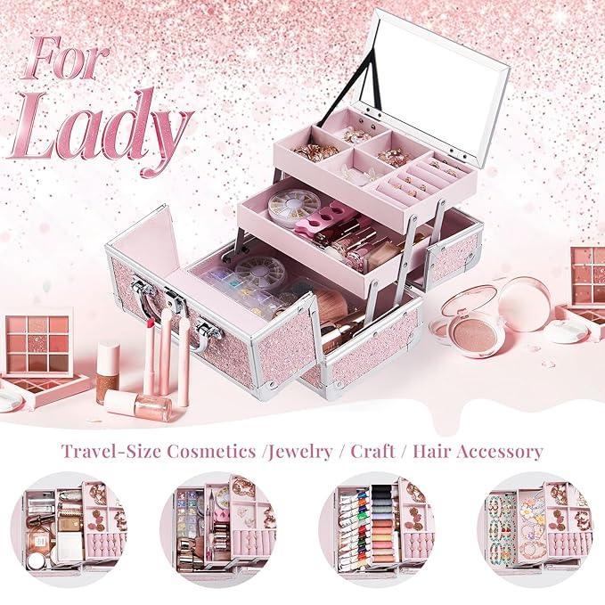 FRENESSA Makeup Case Organizer Portable Makeup Train Case Cosmetic Box with Mirror Jewerly Tray for Girls Nail Supplies Make Up Cases Organizers and Storage Kids Craft Case Pink