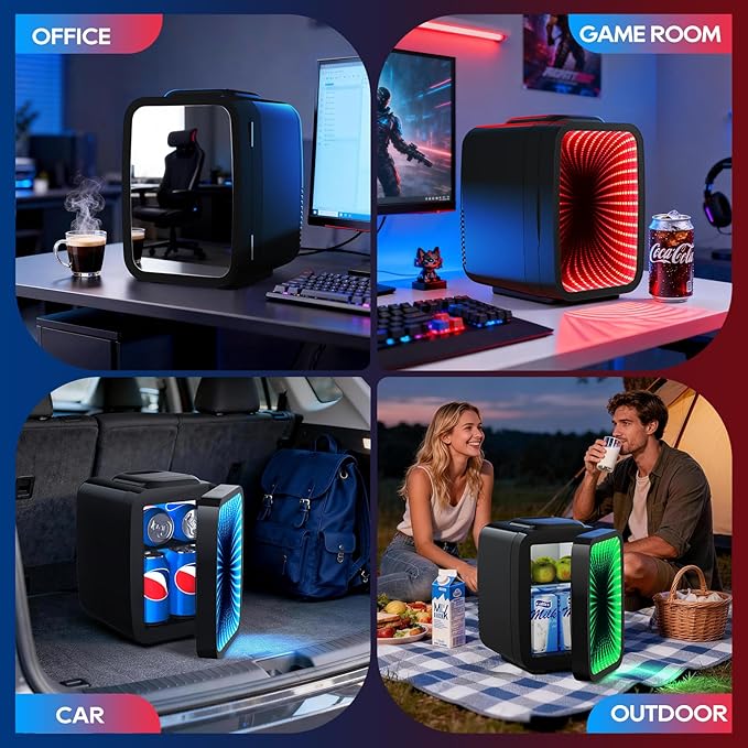 Mini Fridge, 4L/6 Can Small fridge with Dimmable Gaming Light for Bedroom,Office,Gaming room and Car,AC/DC Portable Thermoelectric Cooler & Warmer for Food, Drinks, Skincare,Black