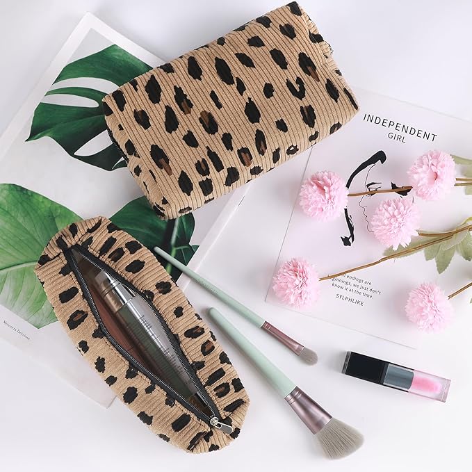 3 Pcs Makeup Bag Cosmetic Bag Set for Girls Women Travel Organizer Bathroom Toiletry Pouch Large Capacity Storage Bag (Leopard Brown)