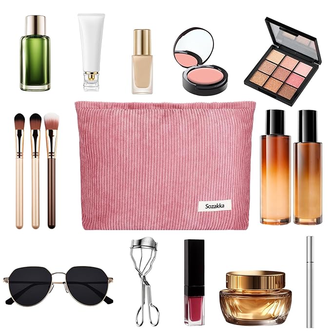 ZLFSQR Corduroy Makeup Bag for Women Small Corduroy Cosmetic Bag Large Cute Travel Makeup Pouch for Purse Pink Cloth Cosmetic Pouch Zipper Storage Organizer Canvas Toiletry Bags
