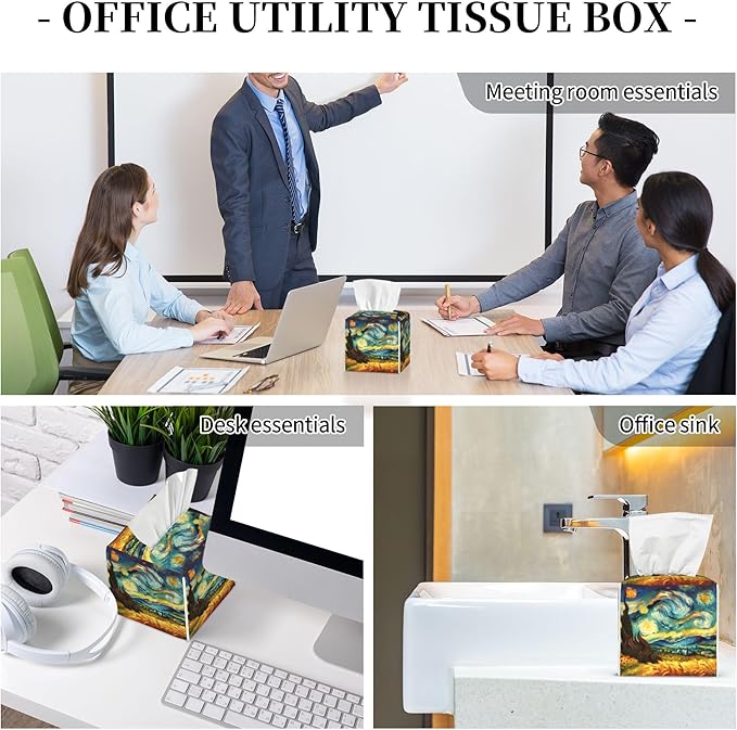 Starry Night Tissue Box Cover Square, Abstract Impressionist Oil Painting Tissue Box Holder Waterproof Leather Facial Paper Organizer Dispenser for Bathroom Home Car Nightstand Vanity Desk