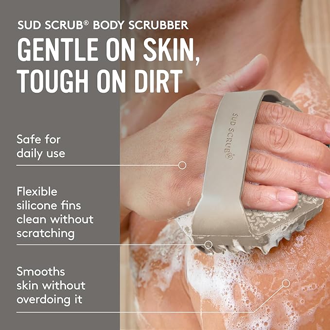 Sud Scrub® Antimicrobial Silicone Body Scrubber, Exfoliating Body Scrubber for Sensitive Skin, Eco Friendly Shower Scrubber for Body, Silicone Body Brush for Showering, Clay