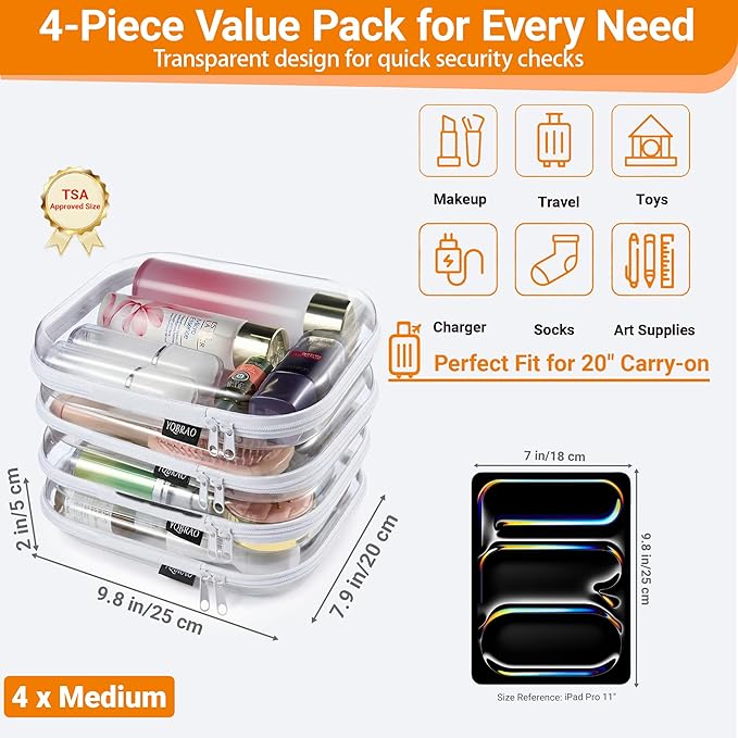 4 Pack Clear Hard Shell Zipper Case, See-Through Hard Plastic Organizer Pouches with Zipper for Travel, Toiletries, Makeup, Toy, Electronics & Pencils - Crush-Resistant Storage