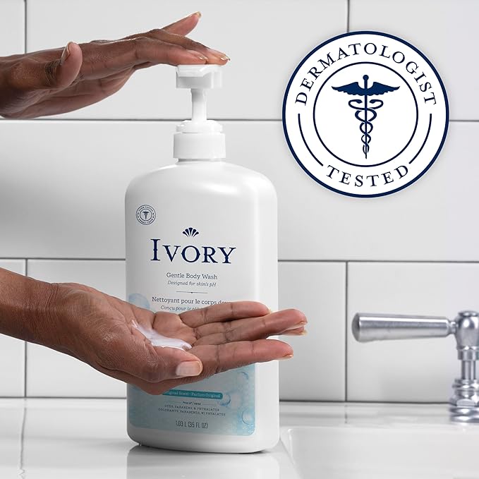 Ivory Body Wash, Designed for the Whole Family, Gentle Formula, Free of Dyes Heavy Perfumes Parabens Phthalates & Silicones, for Sensitive Skin, Designed for Skin's pH, Original Scent, 35 oz
