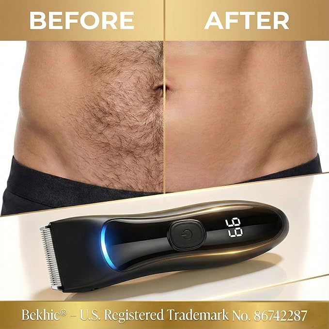 Bekhic® Manscape Groin & Body Hair Trimmer for Men – Waterproof Pubic Hair Shaver & Ball Groomer with LED Light – No-Nick Ceramic Blade, 90-Min Runtime, Cordless Wet/Dry Clipper for Sensitive Skin