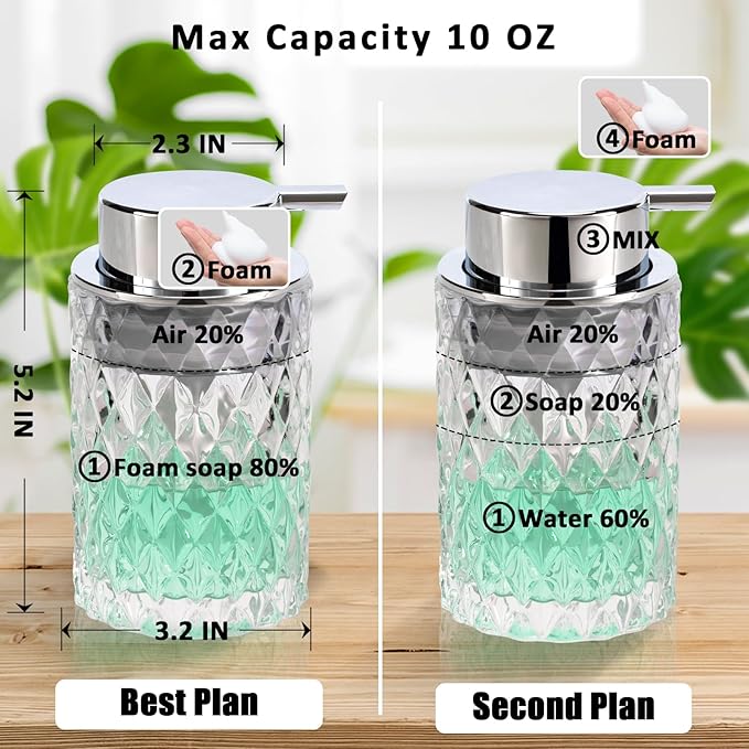 Bathroom Glass Soap Dispenser with Durable Rust-Proof Plastic Foam Pump Hand Lotion Dispenser Antislip Shampoo Kitchen 10oz