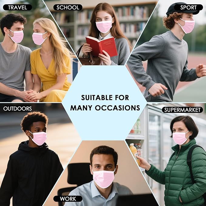 NNPCBT Pink Disposable Face Masks 125 Pack,3-Ply Breathable Mask For Adults,Great For Outdoors,Home, Office, School