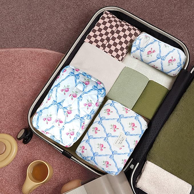 3Pcs Cotton Quilted Makeup Bag Large Travel Cosmetic Bag Coquette Makeup Pouch Cute Aesthetic Floral Toiletry Bag for Women Girls (flower-Q)