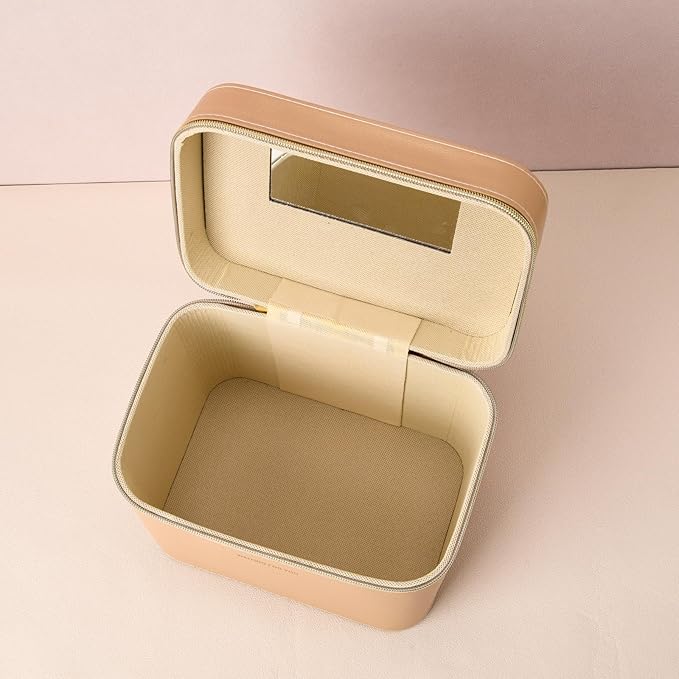 Fashion makeup box, Portable leather hard cosmetic case with mirror, Professional train case make up box for women adults. (Monolayer - Yellow)