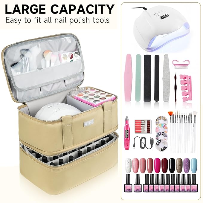 Nail Polish Organizer and Storage,Double-Layer Nail Supplies Carrying Case Bag for 40 Bottles (15ml-0.5 fl.oz) and a Lamp,Portable Nails Polish Holder for Nails Supplies,Khaki