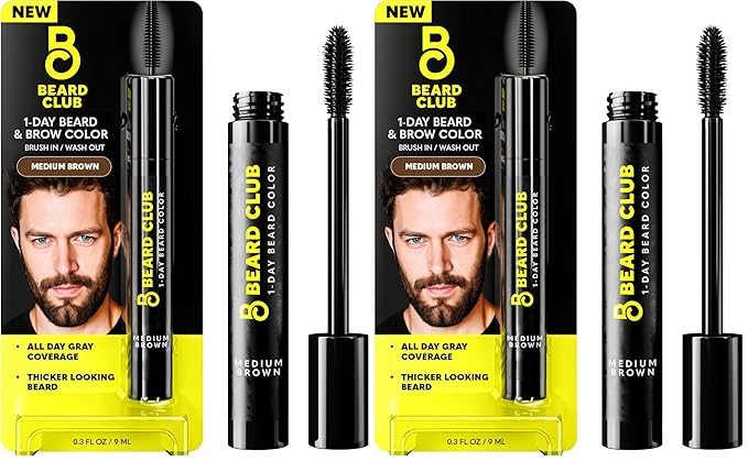 The Beard Club 1 Day Temporary Beard Dye for Men - Medium Brown Beard, Mustache & Eyebrow Color for a Fuller, Well-Defined Look, Water & Sweat Resistant, Up to 30 Applications, 0.3 fl oz (Pack of 2)