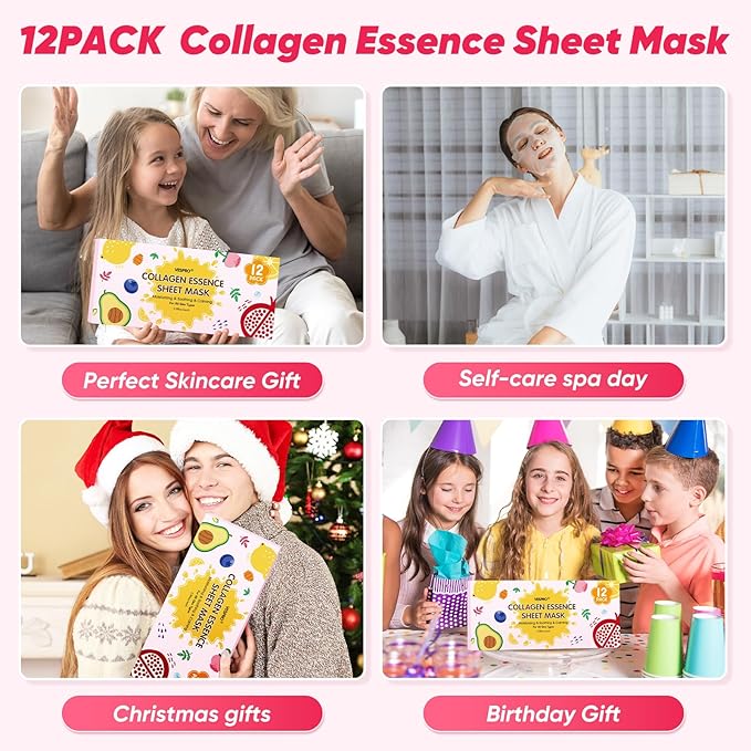 12 Pack Face Masks for Women, Hydrating & Moisturizing Facial Mask for Skincare, Bulk Sheet Mask Spa Party Supplies for Teen Girls, Birthday Gifts for Women, Sleepover Party, Skin Care Gifts for Mom
